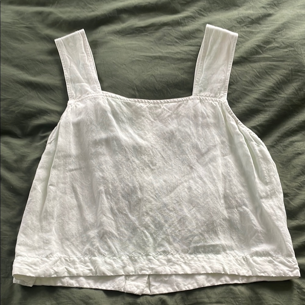 MADEWELL- Pale blue/green Sleeveless Linen blend Top - button detail on back!